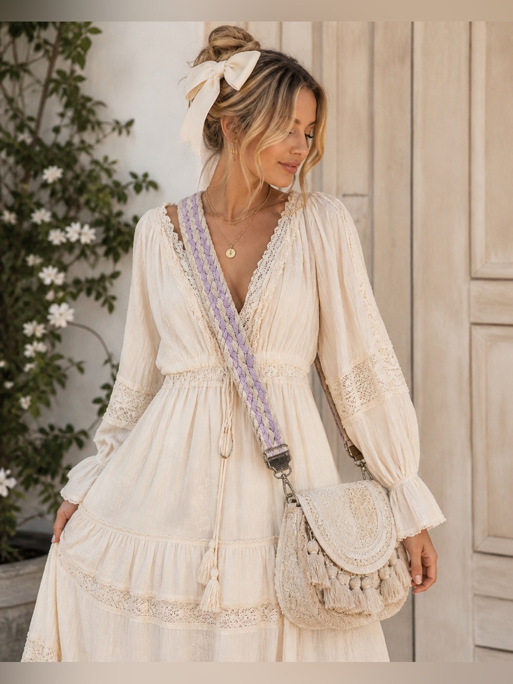 JEN & CO Lavender & Cream Guitar Long Thick Bohemian Strap L